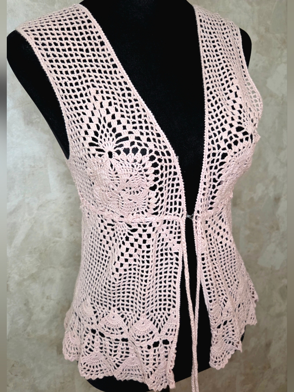 Hand Crocheted Lace Vest Top Blush Pink Boho Open Knit Tie Front One of a Kind